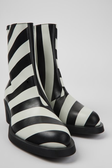Camper Bonnie Black And White Striped Leather Boots For Women New Arrivals