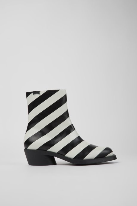 Camper Bonnie Black And White Striped Leather Boots For Women New Arrivals