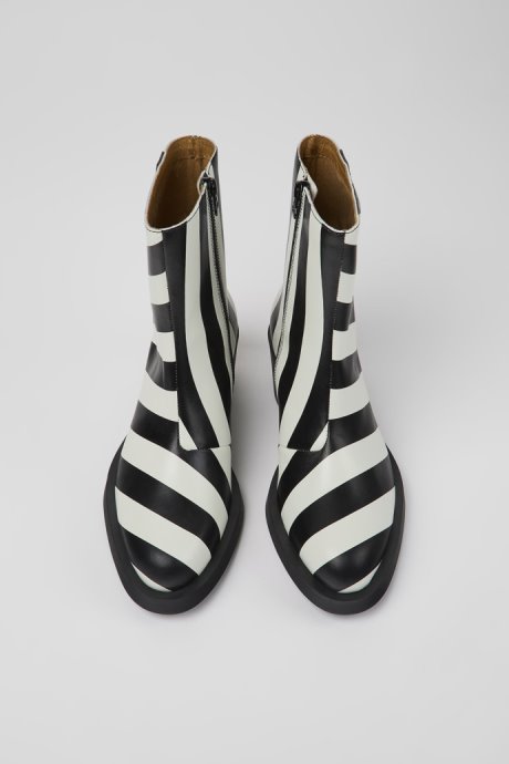 Camper Bonnie Black And White Striped Leather Boots For Women New Arrivals