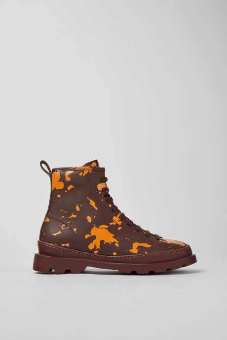 Brutus Burgundy And Orange Printed Leather Ankle Boots For Women Exclusive Camper