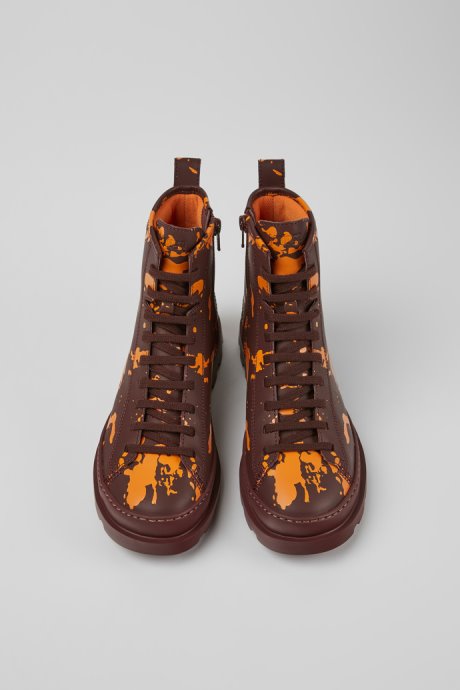 Brutus Burgundy And Orange Printed Leather Ankle Boots For Women Exclusive Camper