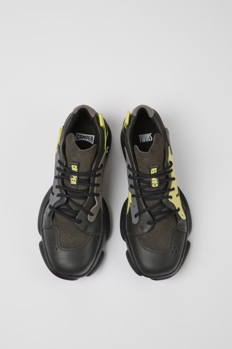 Design Twins Gray Yellow And Black Leather Sneakers For Women Camper