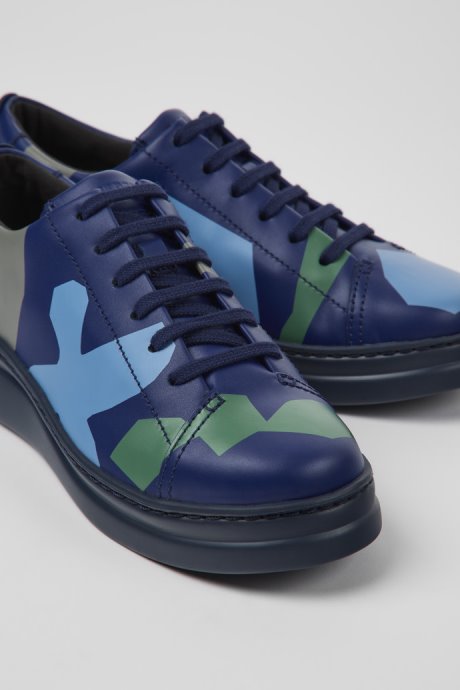 Camper Design Twins Blue And Green Printed Leather Sneakers For Women