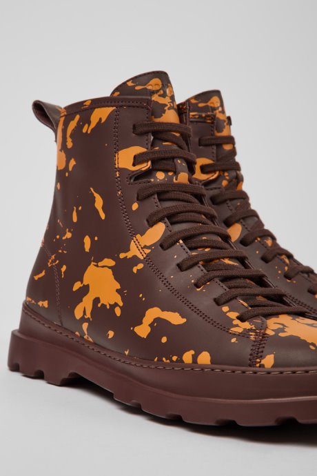 Camper Brutus Burgundy And Orange Leather Ankle Boots For Men New Arrivals
