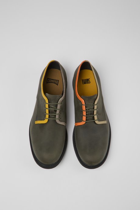 Camper Design Twins Green Leather Lace-Up Shoes For Men