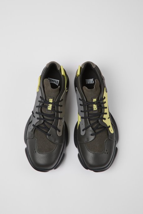 Twins Dark Gray And Yellow Leather Sneakers For Men Camper New Arrivals