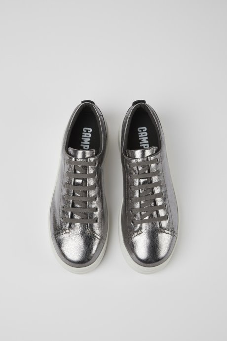 Camper Design Runner Up Gray Metallic Leather Sneakers For Women