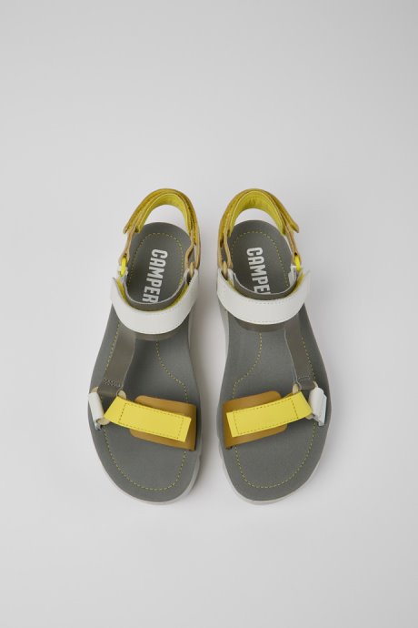Oruga Up White Grey And Yellow Leather Sandals For Women Camper New Arrivals